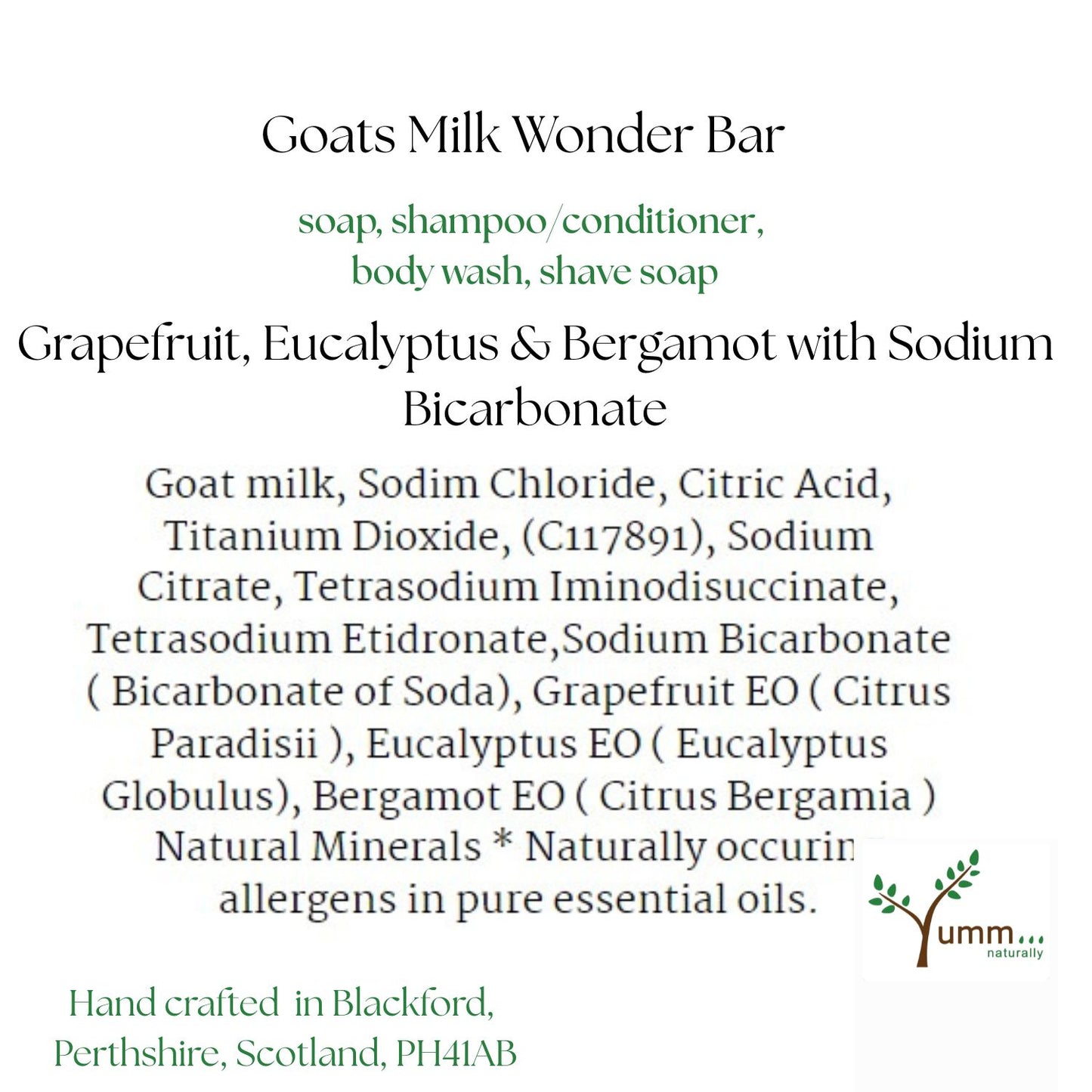 Grapefruit, Eucalyptus & Bergamot Goats milk Wonder Bar with Bicarbonate of Soda