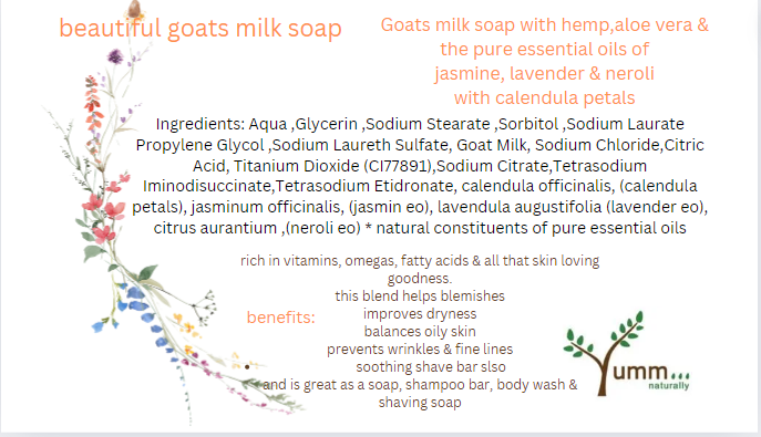 Beautiful goats milk soap with calendula petals, jasmine, lavender & neroli pure essential oils