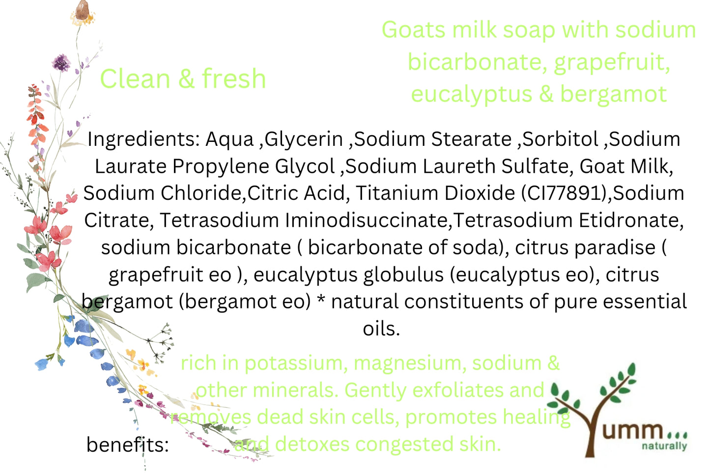 Clean & fresh goats milk soap with sodium bicarbonate, grapefruit, eucalyptus & bergamot pure essential oils