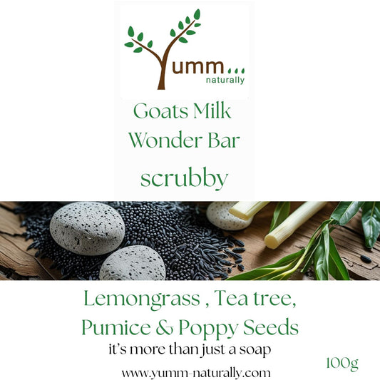 Scrubby soap with pumice & poppy seeds,lemongrass, teatree & mandarin pure essential oils